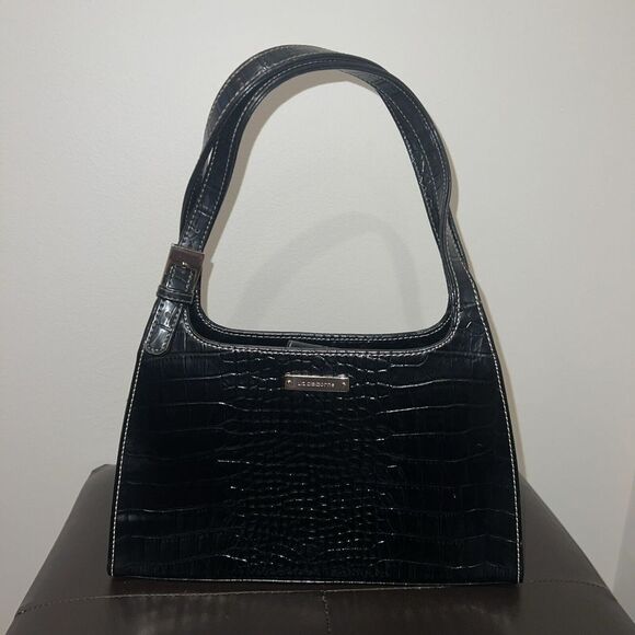 Vintage‎ Liz Claiborne Black Faux Leather Handbag Alligator Skin Pattern - Picture 1 of 10
